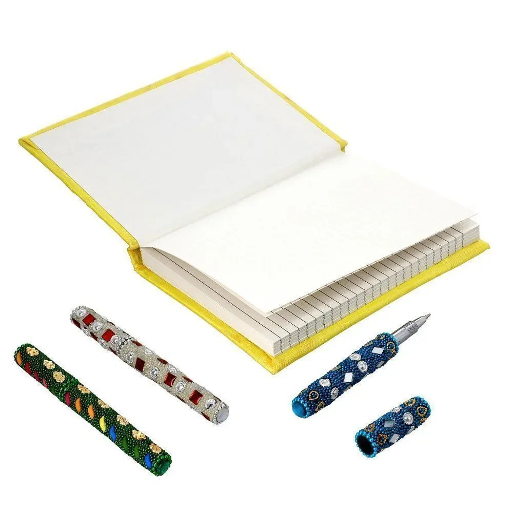 Handcrafted  Embroidered Journal and Set of 3 Beaded Pens Yellow